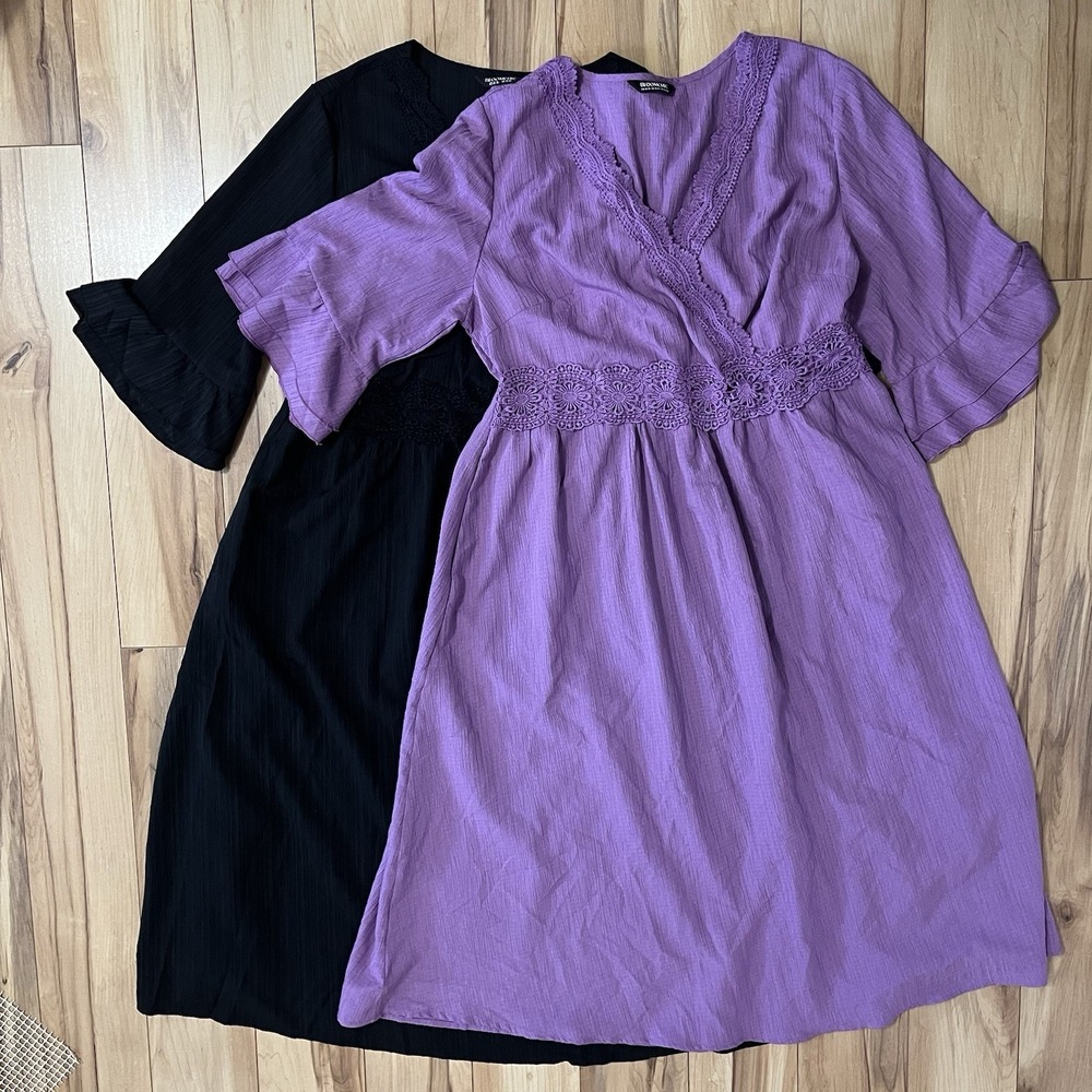 Bloomchic Lace Trimmed V Neck Midi Dress Sz 14-16 Lot Of 2 Black & Purple Pocket